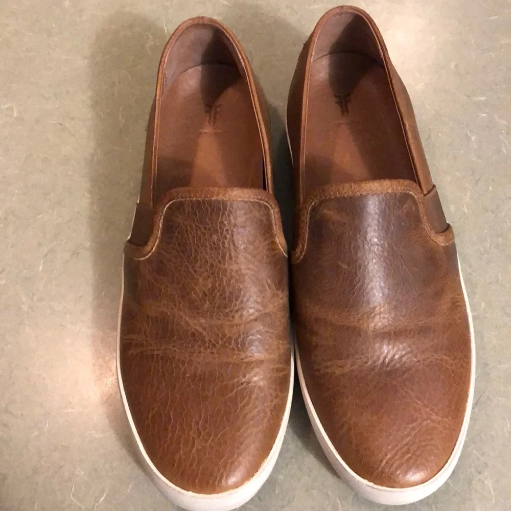Frye Brown Leather Slip-On Flats with White Soles